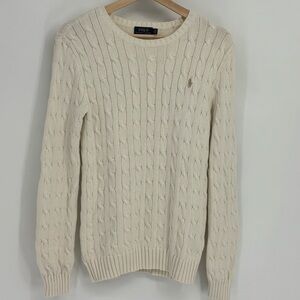 Polo Ralph Lauren crew neck women’s cable knit sweater ivory gold pony Sz Medium